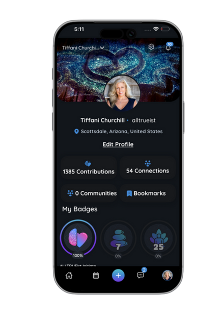ALLTRUEistic app showing a user profile, fulfilled intentions, and shared transformation stories that celebrate personal growth and collective impact.