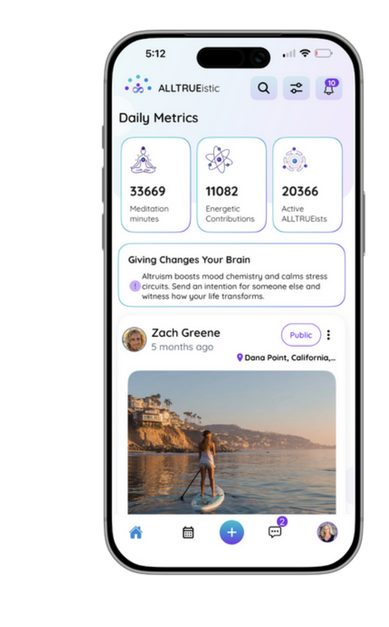 ALLTRUEistic app showing collective intentions, daily metrics, and shared meditations that amplify global impact through altruistic participation.