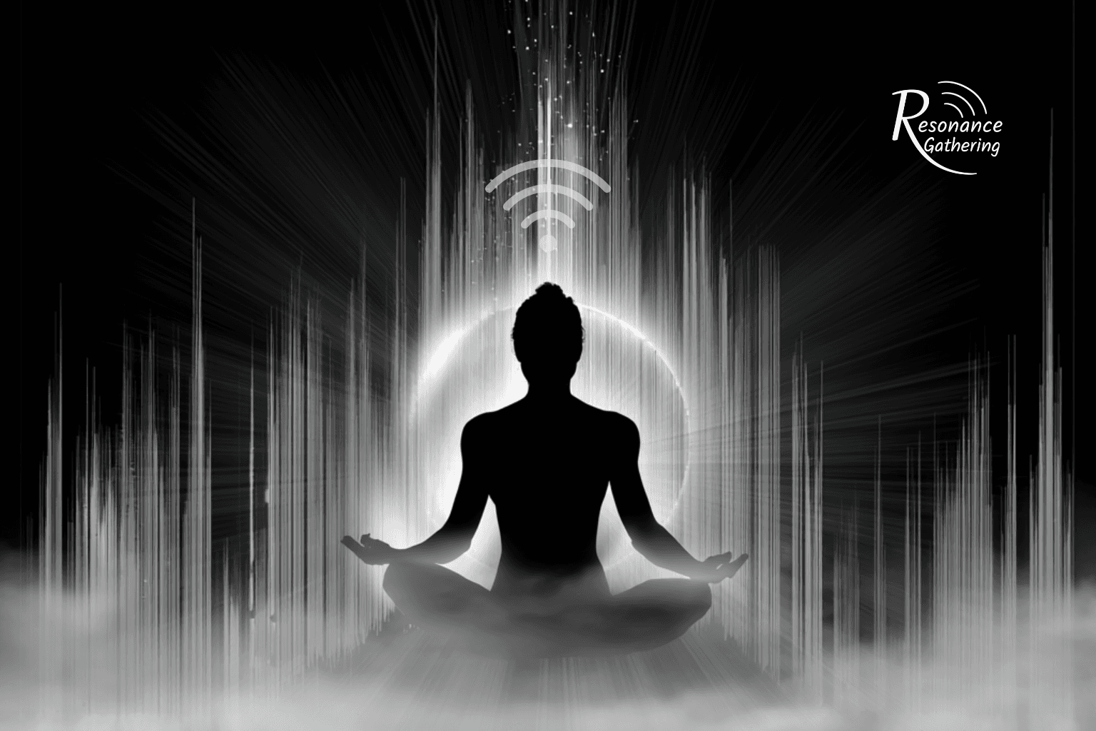 Artwork for the August Resonance Gathering showing a meditating figure in silhouette radiating signal-like waves of light toward the sky.