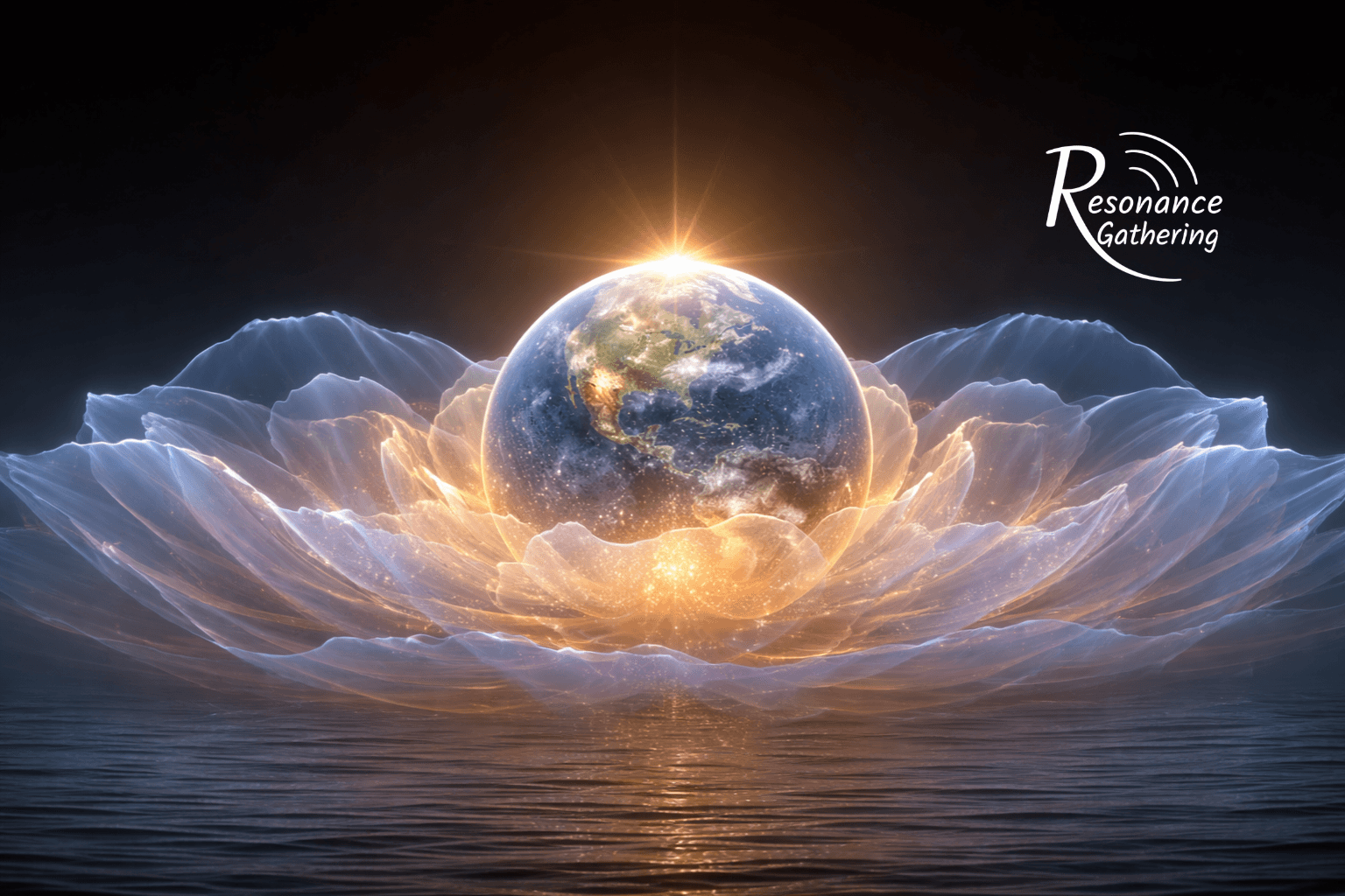 Artwork for the March Resonance Gathering showing people meditating around a luminous blue collective energy form.