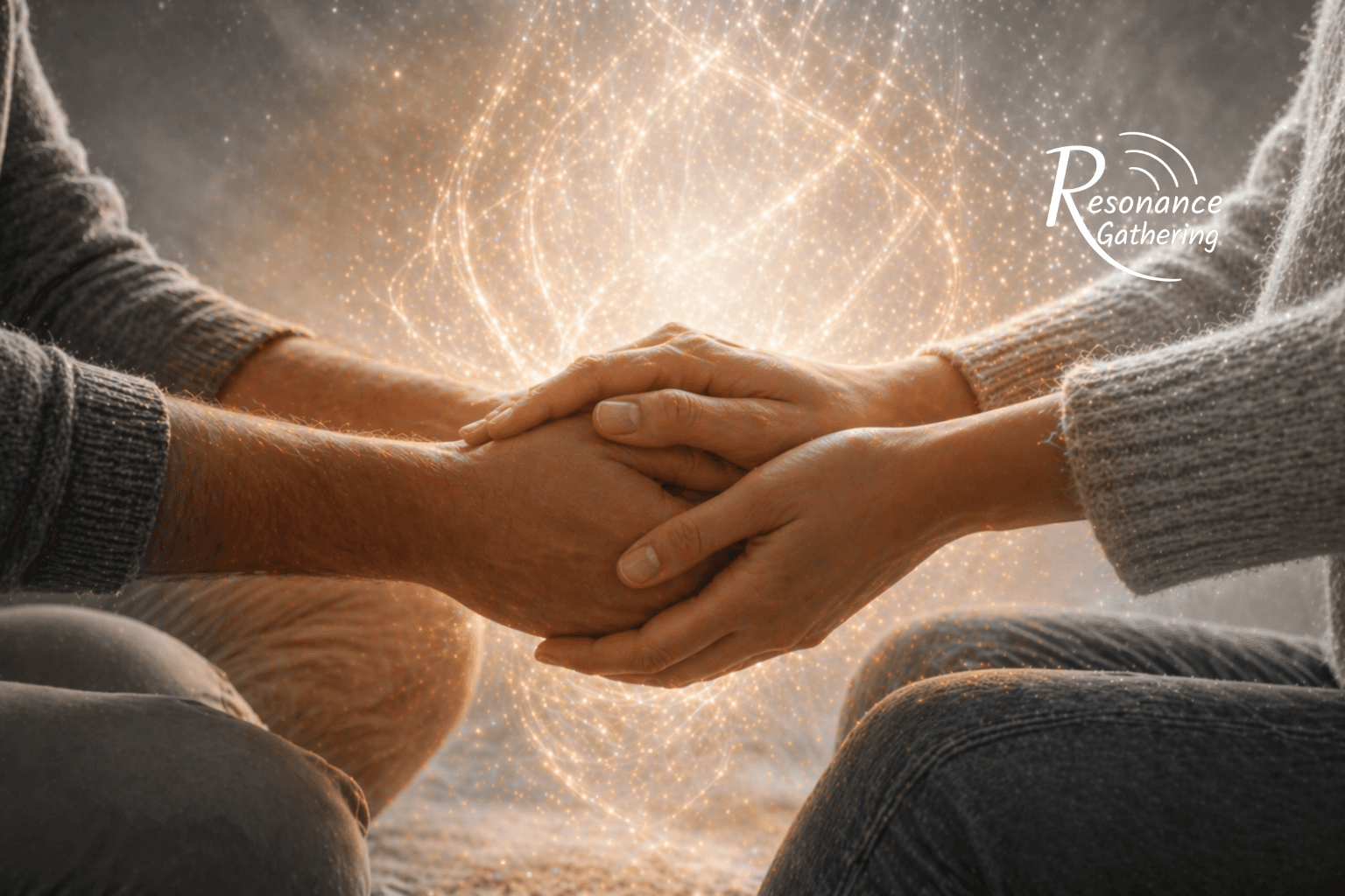 Artwork for the May Resonance Gathering showing hands joined together with warm radiant light surrounding them.