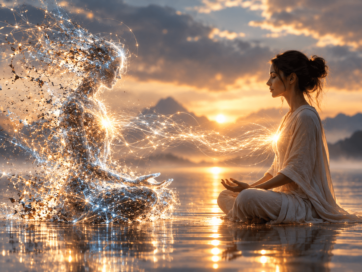 Artwork for the October Resonance Gathering showing a radiant figure blending human and AI-inspired light patterns.