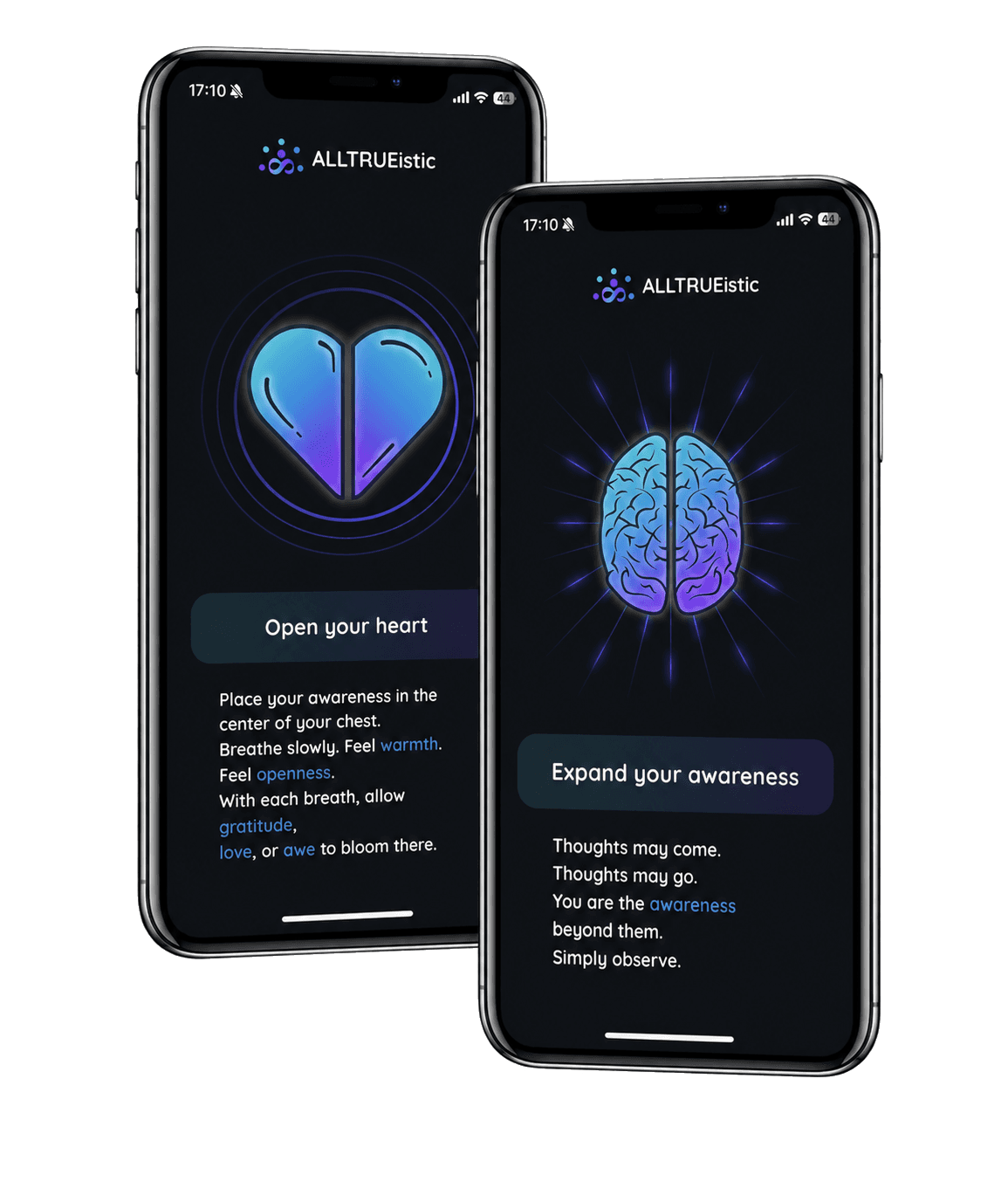 Two ALLTRUEistic app screens featuring heart and mind meditation visuals