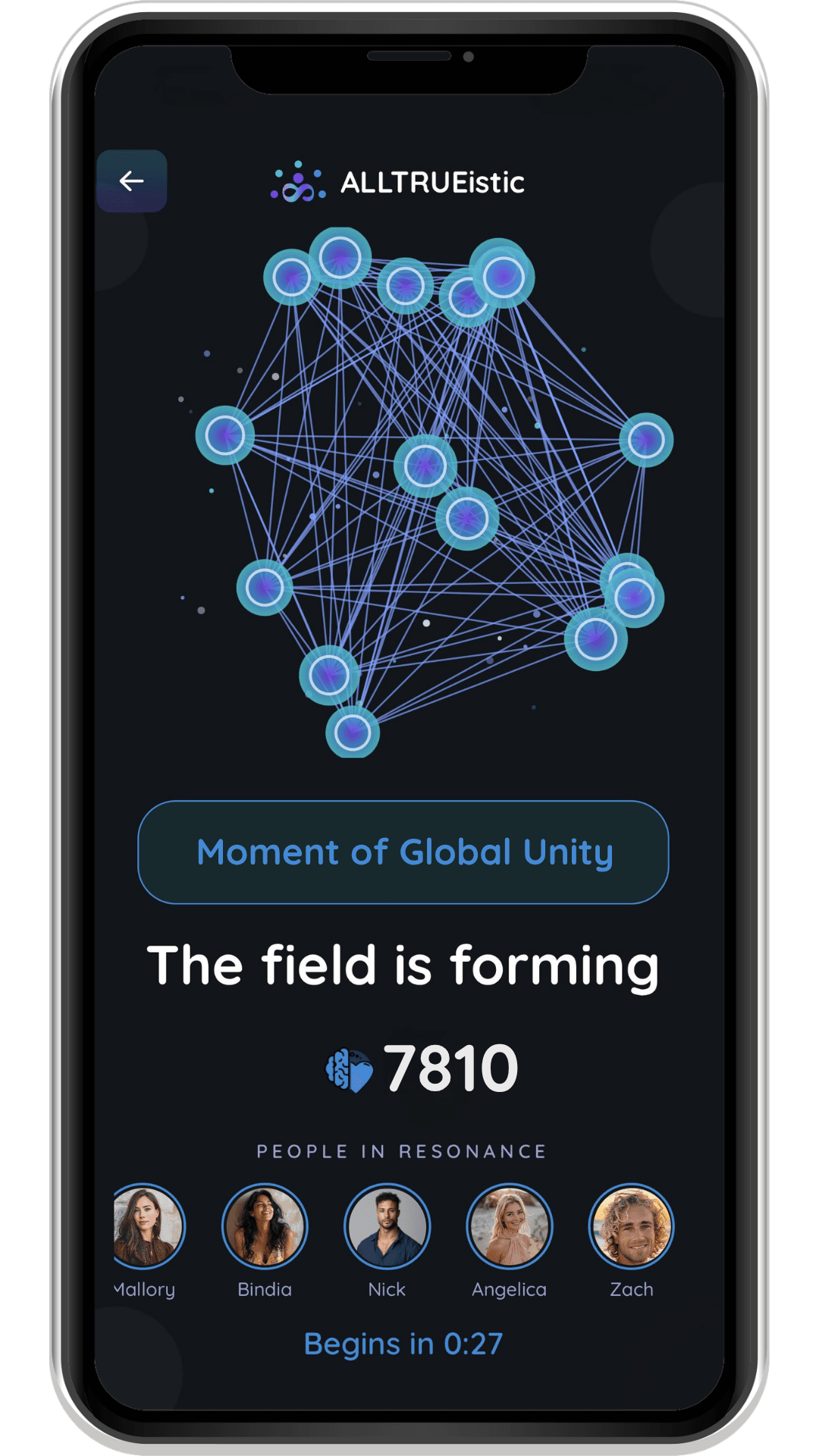 The ALLTRUEistic app's waiting room screen, showing a network of connected participants as a global gathering's field forms