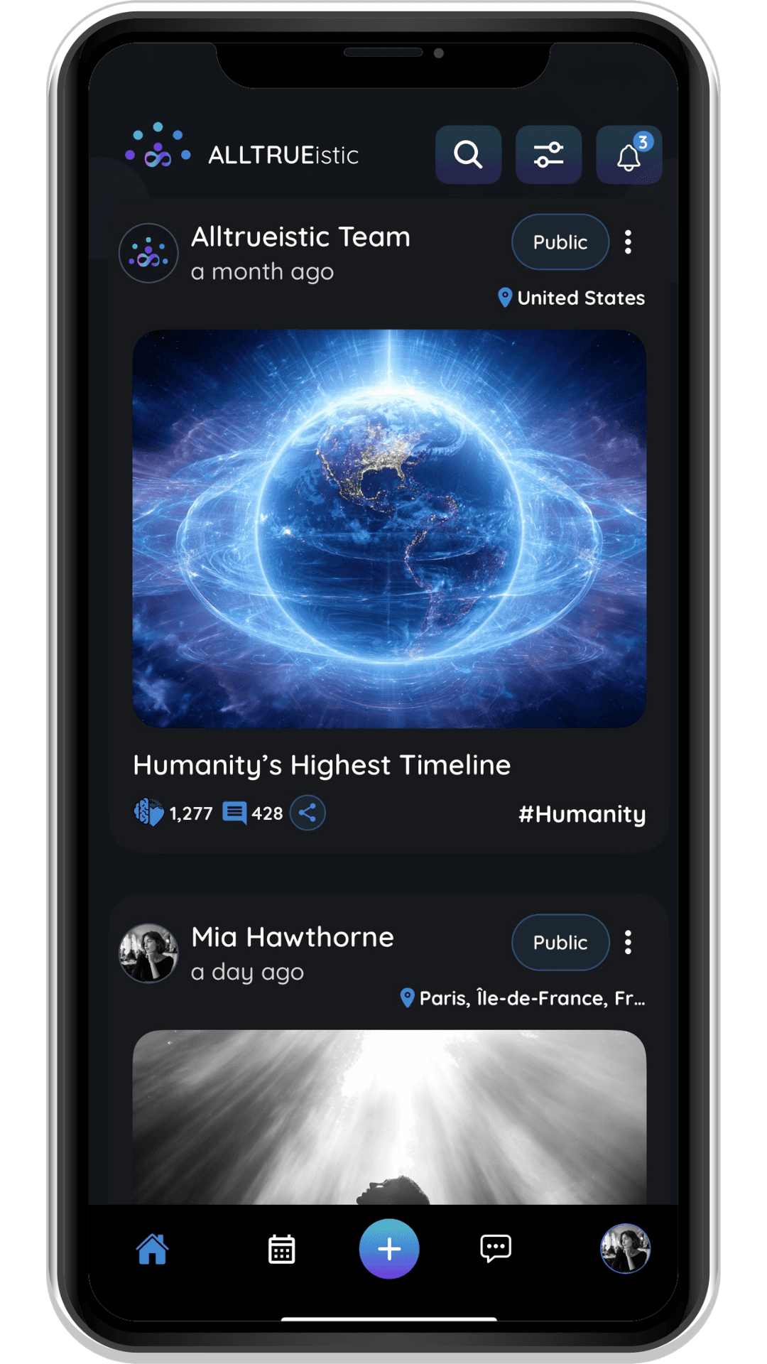 ALLTRUEistic community feed showing the 'Humanity's Highest Timeline' collective intention