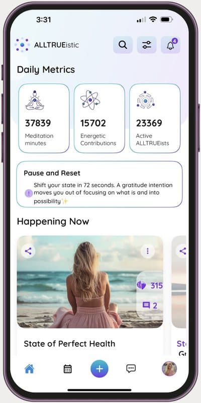 ALLTRUEistic Daily Metrics screen showing meditation minutes and contributions