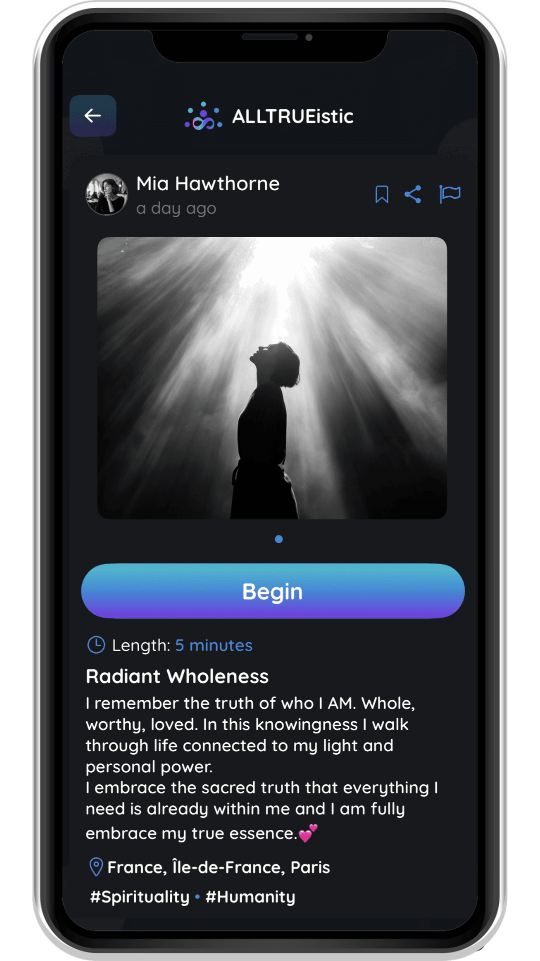 ALLTRUEistic intention screen for 'Radiant Wholeness,' a personal meditation on self-worth and inner power