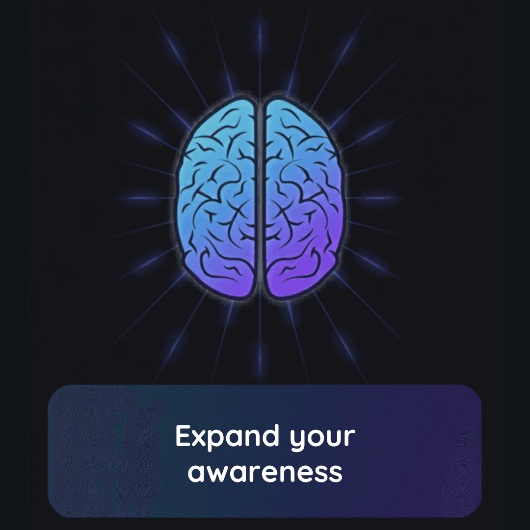 A glowing brain radiating light, captioned 'Expand your awareness,' from the Resonance Sequence