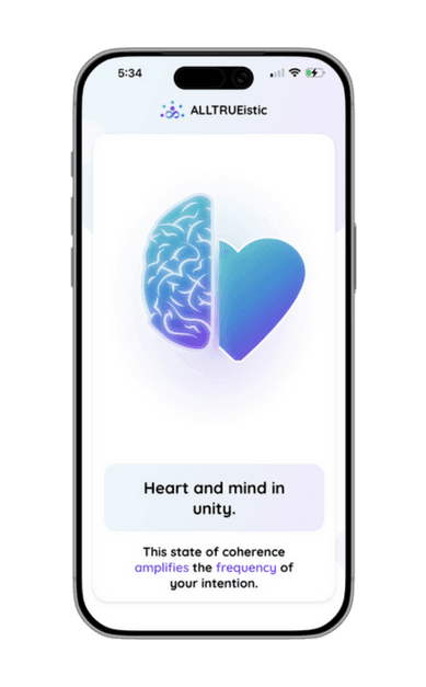 ALLTRUEistic app screen with a resonance sequence timer and guided breath prompts for aligning energy.