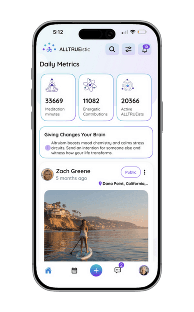 ALLTRUEistic app screen showing collective meditation options and participant activity for joining shared intention.