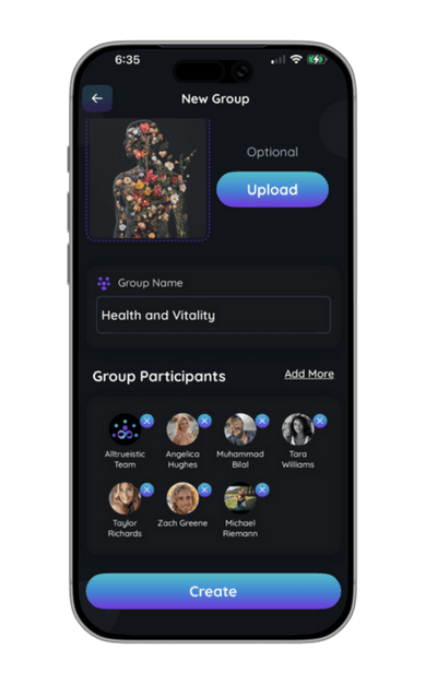 ALLTRUEistic app screen showing community profiles, connection tools, and progress badges for ongoing growth.