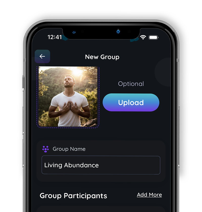 Mobile screen showing a group creation interface in the ALLTRUEistic app, where users can name intention groups, upload a photo, and foster community with purpose-driven focus.