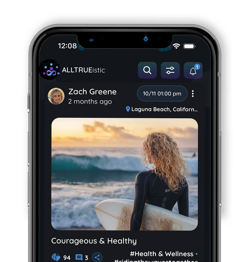 Mobile view of ALLTRUEistic app showing user contribution through energetic support and collective intention