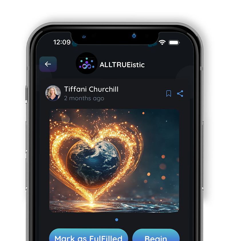 Heart-shaped light surrounding Earth symbolizing global unity through meditation in the ALLTRUEistic app